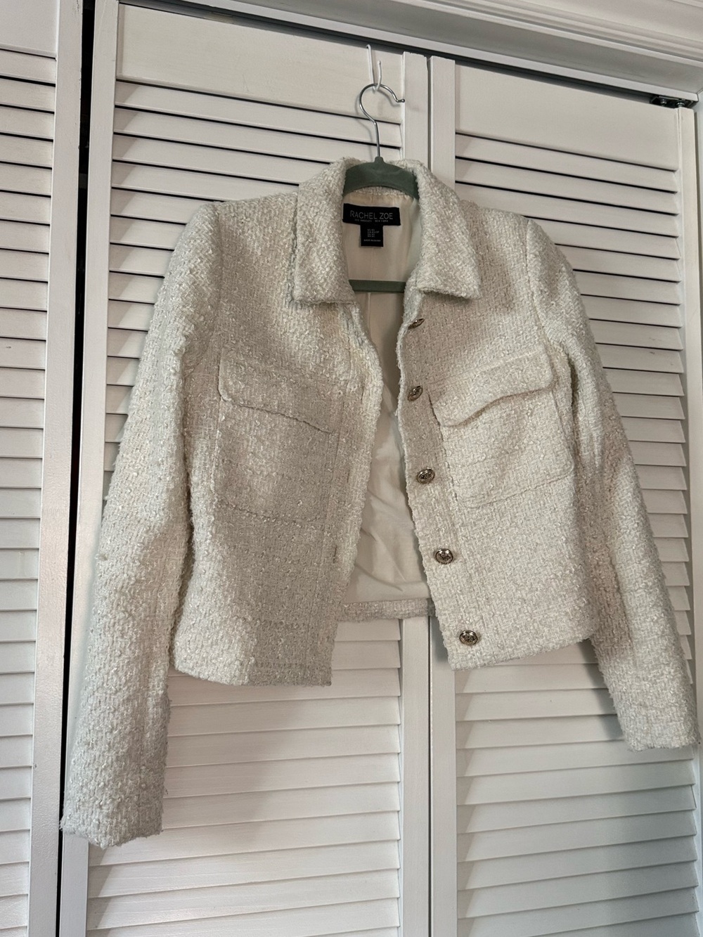 Rachel Zoe off white ivory Tweed Golden Button-Up Jacket W/ Pockets, Size XS S